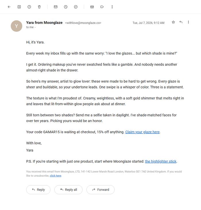 Moonglaze plain-text founder email