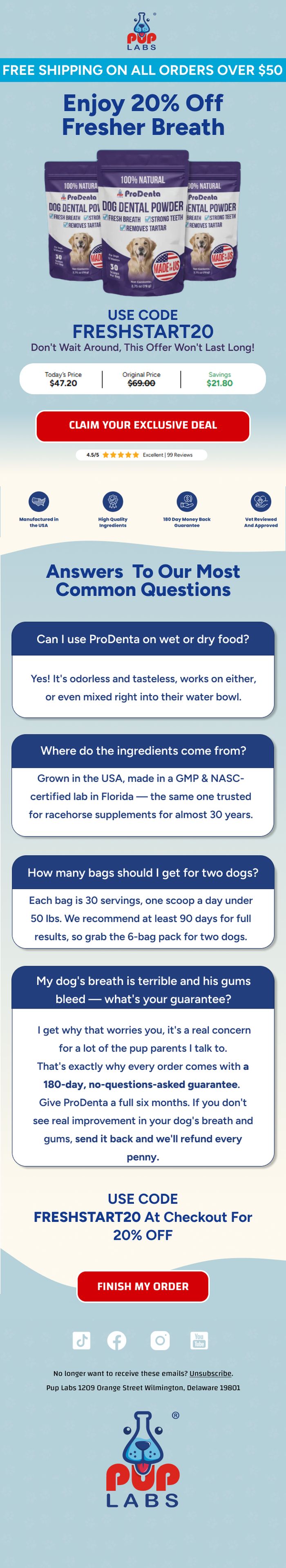 PupLabs offer and FAQ email